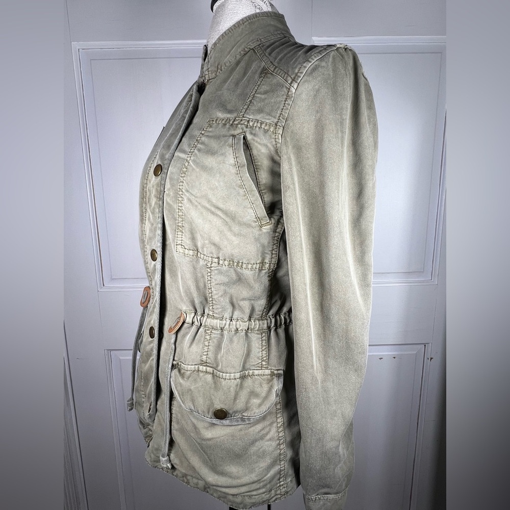 Hinge Cargo Utility Army Green Drawstring Waist Drapey Jacket Super Soft Sz XS - Picture 3 of 8
